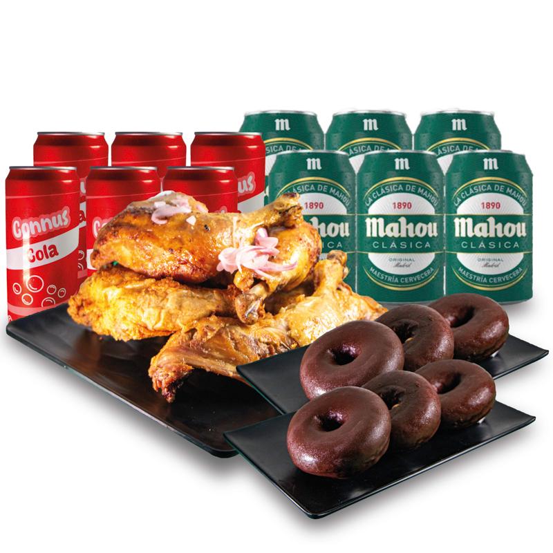 Pollo Asado + Cervezas y refrescos + Donuts