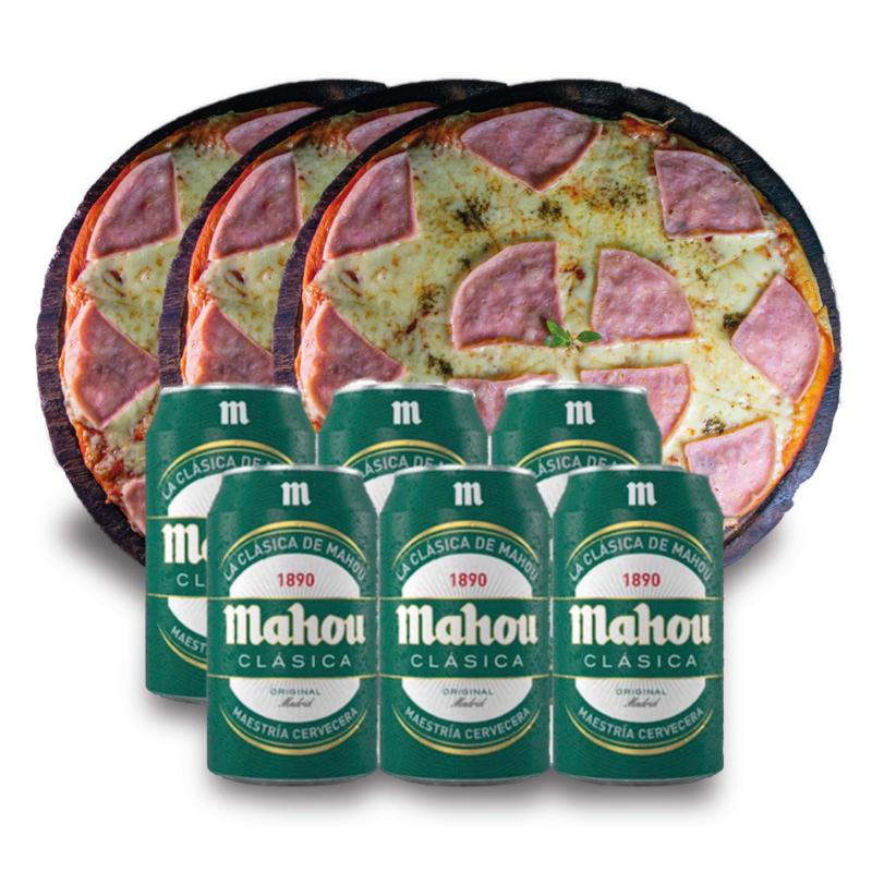 Combo de pizzas de jamón y cervezas