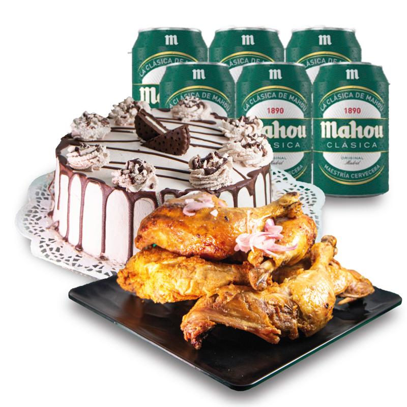 Pollo asado + cerveza + tarta 