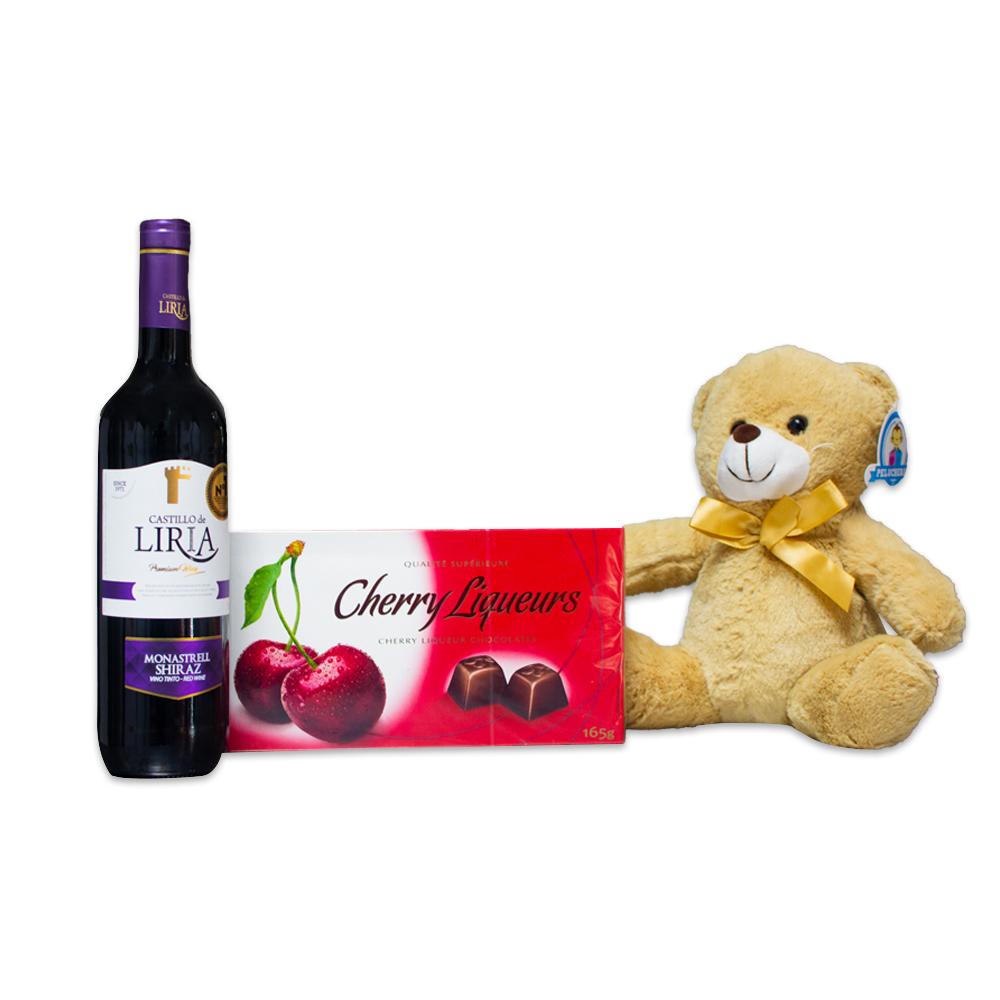 Botella de vino + caja de bombones + oso de peluche 