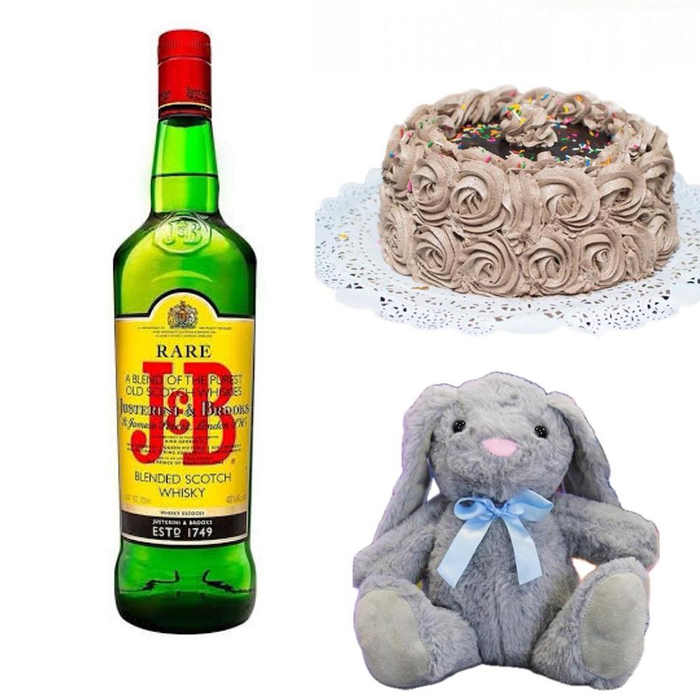 Botella de whisky JB + tarta de nata + oso de peluche 