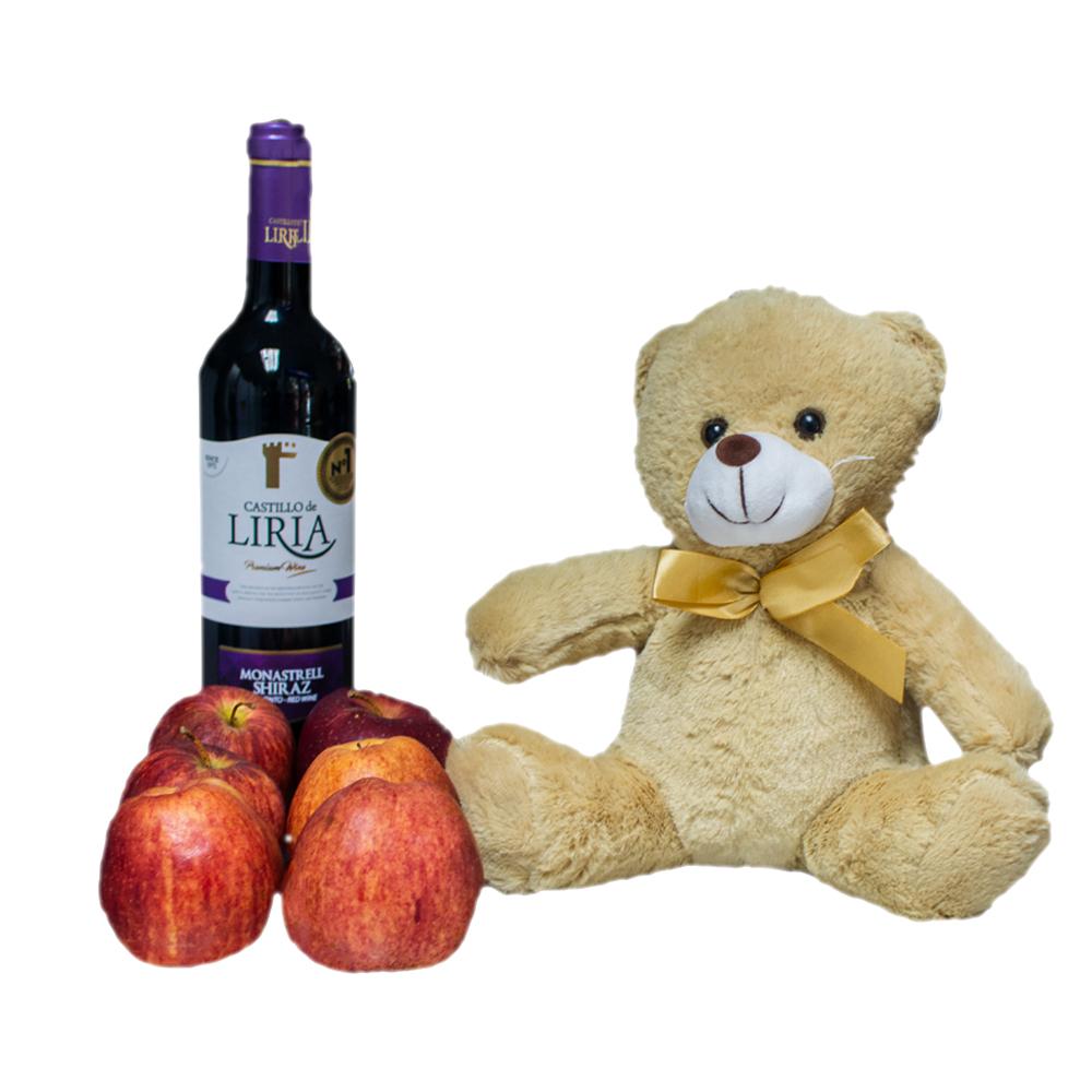 Botella de vino + manzanas + oso de peluche