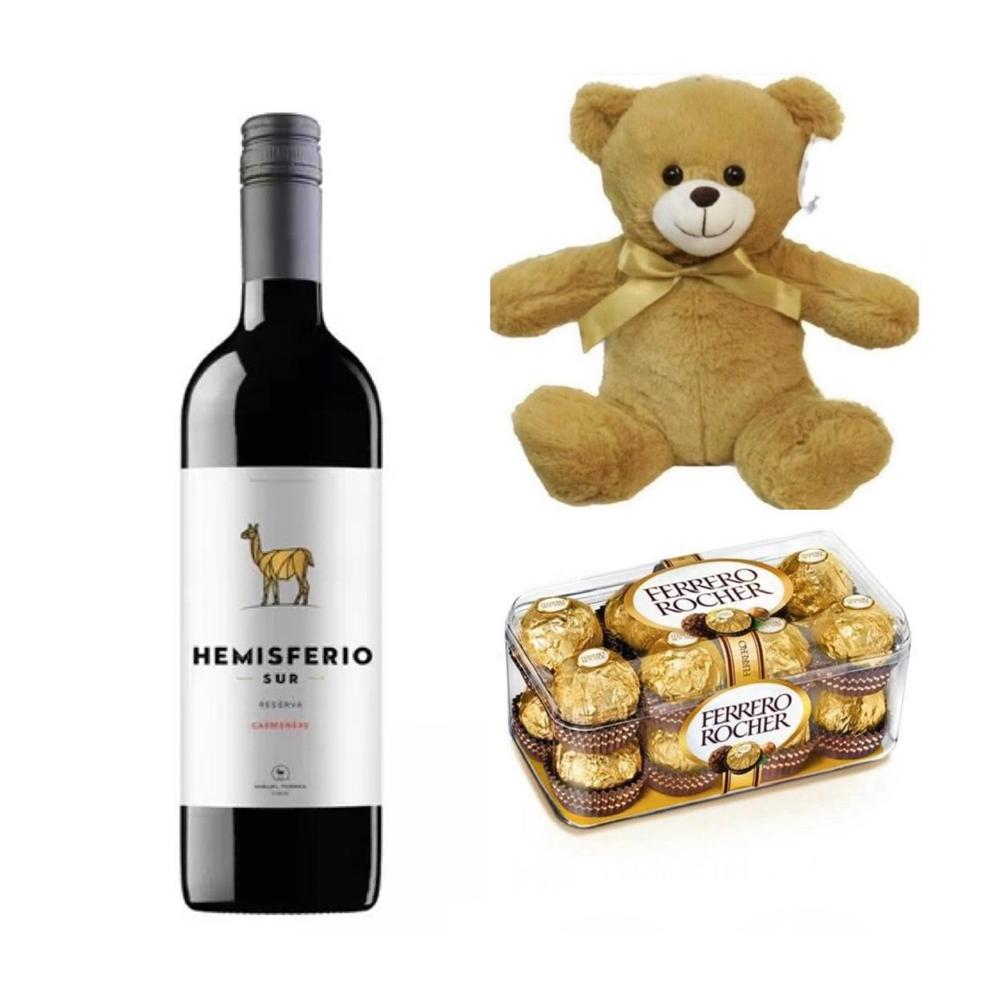 Botella de vino + caja de bombón Ferrero + oso de peluche 